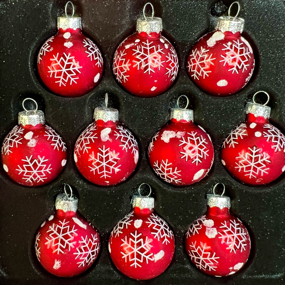 10 Christmas Red Glass Ball Ornaments White Glitter Snowflakes
